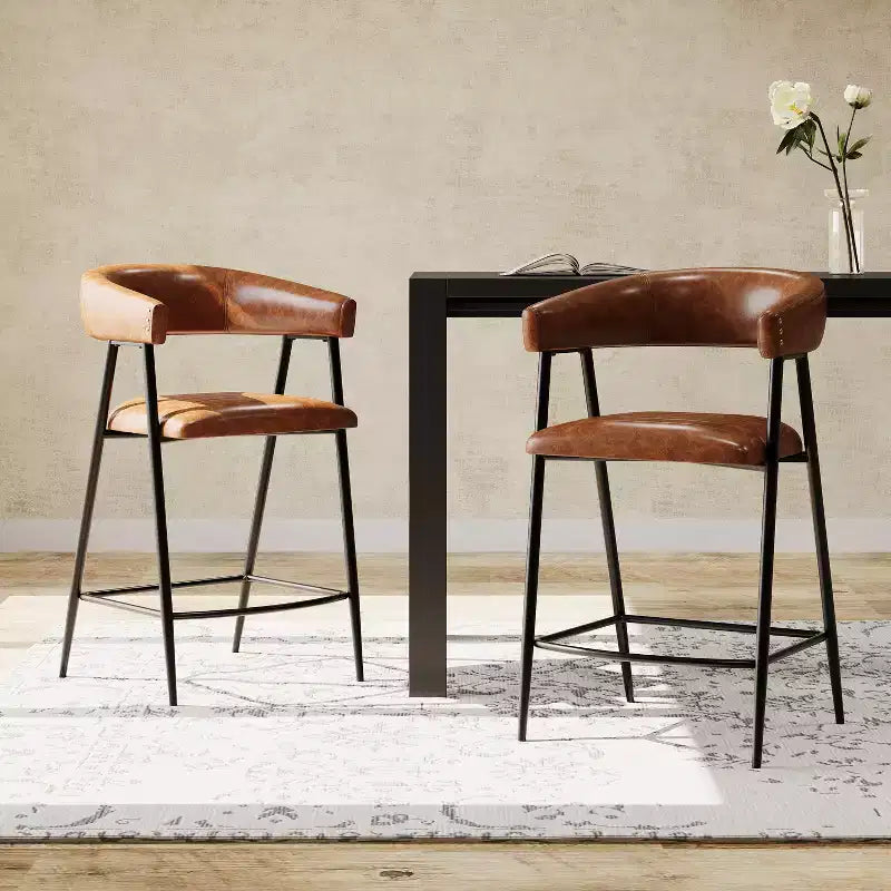 Tabouret de comptoir Home Sara rembourré, structure en fer avec repose-pieds en similicuir, 26 po, marron