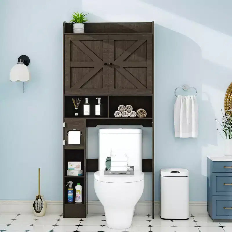 Dyonery Over-the-Toilet Storage Cabinet| Bathroom Organizer Shelf with Barn Doors, Toilet Paper Holder