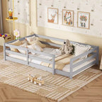 Cadre de lit Okak pour lit simple/double, lit pour tout-petit moderne à profil bas avec barrières de sécurité, cadre en bois massif pour chambre d'enfant