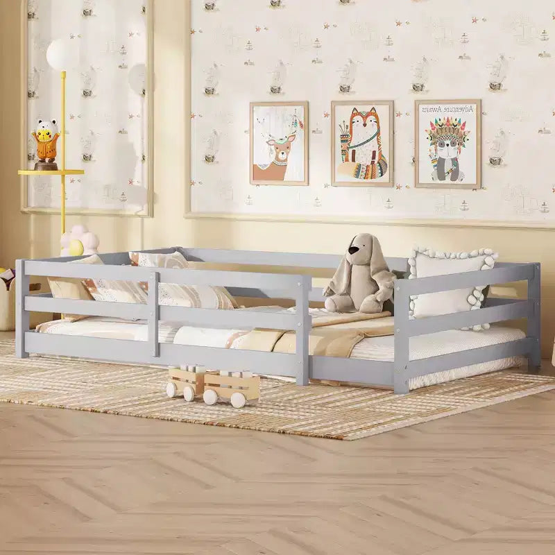 Cadre de lit Okak pour lit simple/double, lit pour tout-petit moderne à profil bas avec barrières de sécurité, cadre en bois massif pour chambre d'enfant