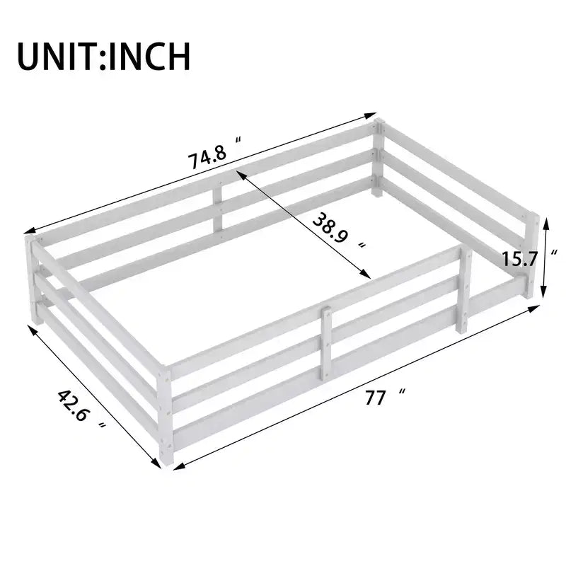 Cadre de lit Okak pour lit simple/double, lit pour tout-petit moderne à profil bas avec barrières de sécurité, cadre en bois massif pour chambre d'enfant