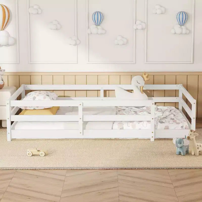 Cadre de lit Okak pour lit simple/double, lit pour tout-petit moderne à profil bas avec barrières de sécurité, cadre en bois massif pour chambre d'enfant