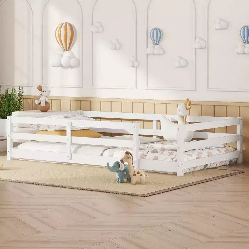 Cadre de lit Okak pour lit simple/double, lit pour tout-petit moderne à profil bas avec barrières de sécurité, cadre en bois massif pour chambre d'enfant