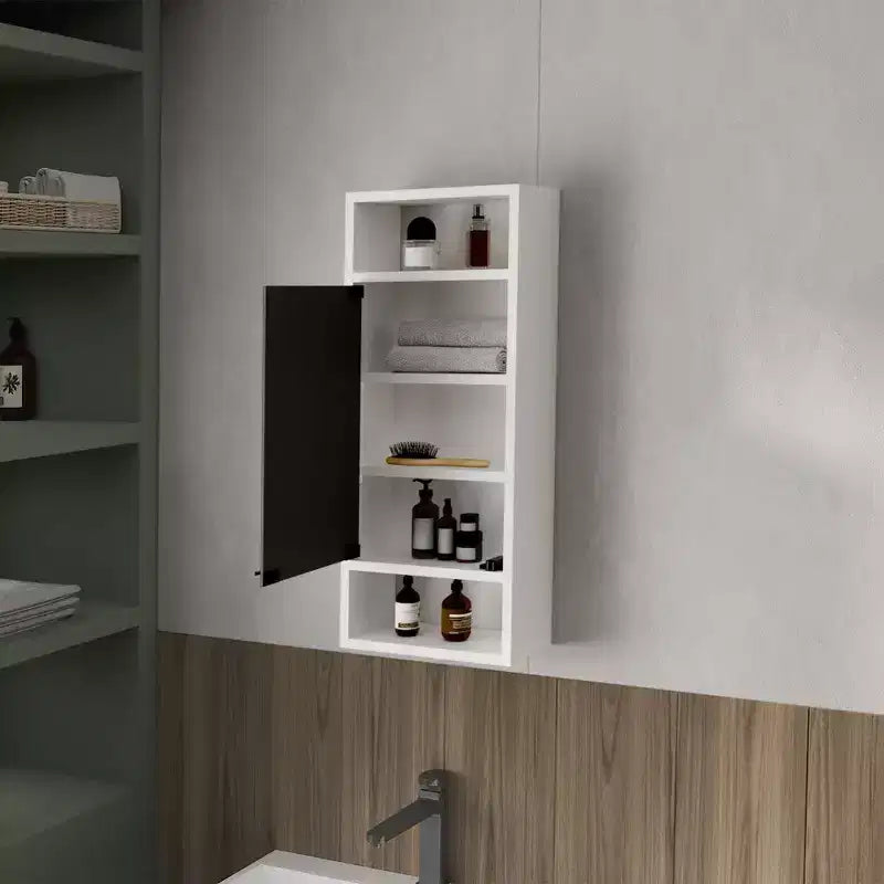 Armoire à pharmacie chic effet bois de pin avec porte miroir et rangement ouvert | Blanc