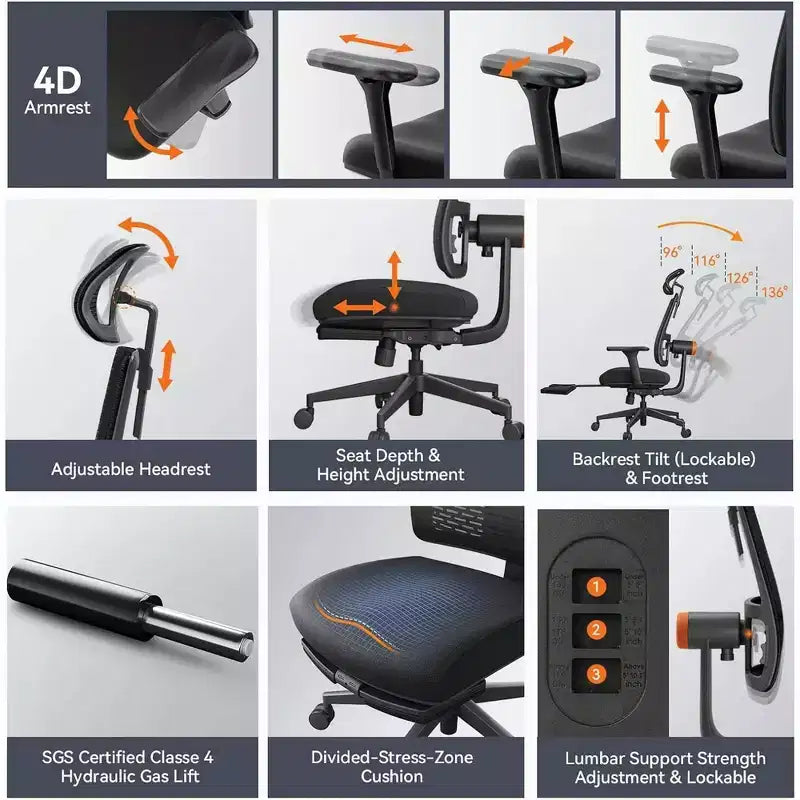 Chaise Ergonomique Newtral MagicH-BP avec Repose-Pieds - Chaise de Bureau à Domicile avec Soutien Lombaire Auto-Suiveur, Accoudoirs 4D, Réglage de la Profondeur et de la Hauteur de l'Assise