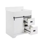 Meuble-lavabo de salle de bain Bestier 30 Blanc de style ferme avec portes coulissantes en forme de grange, 2 tiroirs, meuble-lavabo autoportant avec dosseret protecteur