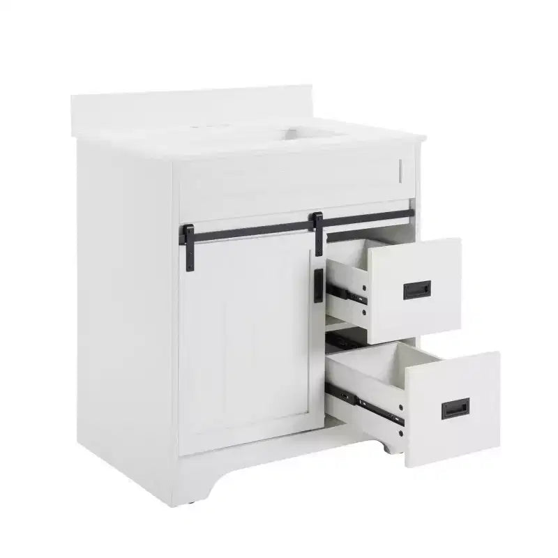 Meuble-lavabo de salle de bain Bestier 30 Blanc de style ferme avec portes coulissantes en forme de grange, 2 tiroirs, meuble-lavabo autoportant avec dosseret protecteur