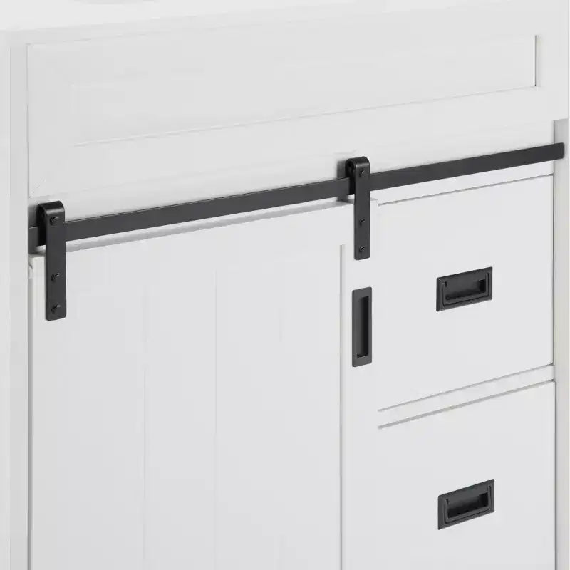 Meuble-lavabo de salle de bain Bestier 30 Blanc de style ferme avec portes coulissantes en forme de grange, 2 tiroirs, meuble-lavabo autoportant avec dosseret protecteur