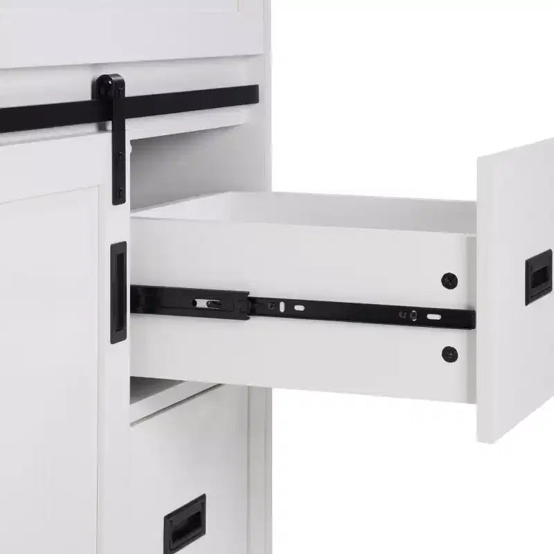 Meuble-lavabo de salle de bain Bestier 30 Blanc de style ferme avec portes coulissantes en forme de grange, 2 tiroirs, meuble-lavabo autoportant avec dosseret protecteur