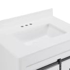Meuble-lavabo de salle de bain Bestier 30 Blanc de style ferme avec portes coulissantes en forme de grange, 2 tiroirs, meuble-lavabo autoportant avec dosseret protecteur