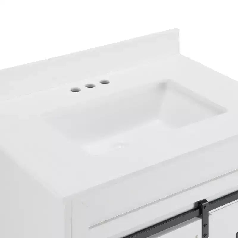 Meuble-lavabo de salle de bain Bestier 30 Blanc de style ferme avec portes coulissantes en forme de grange, 2 tiroirs, meuble-lavabo autoportant avec dosseret protecteur