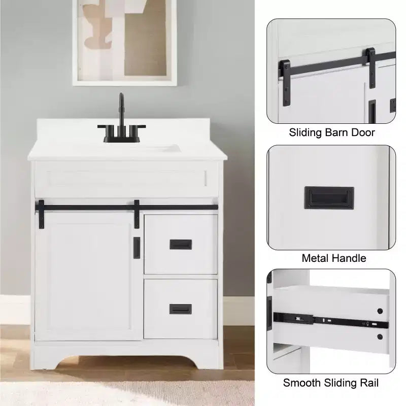 Meuble-lavabo de salle de bain Bestier 30 Blanc de style ferme avec portes coulissantes en forme de grange, 2 tiroirs, meuble-lavabo autoportant avec dosseret protecteur