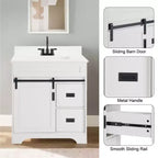 Meuble-lavabo de salle de bain Bestier 30 Blanc de style ferme avec portes coulissantes en forme de grange, 2 tiroirs, meuble-lavabo autoportant avec dosseret protecteur