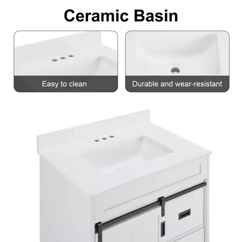 Meuble-lavabo de salle de bain Bestier 30 Blanc de style ferme avec portes coulissantes en forme de grange, 2 tiroirs, meuble-lavabo autoportant avec dosseret protecteur
