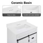 Meuble-lavabo de salle de bain Bestier 30 Blanc de style ferme avec portes coulissantes en forme de grange, 2 tiroirs, meuble-lavabo autoportant avec dosseret protecteur