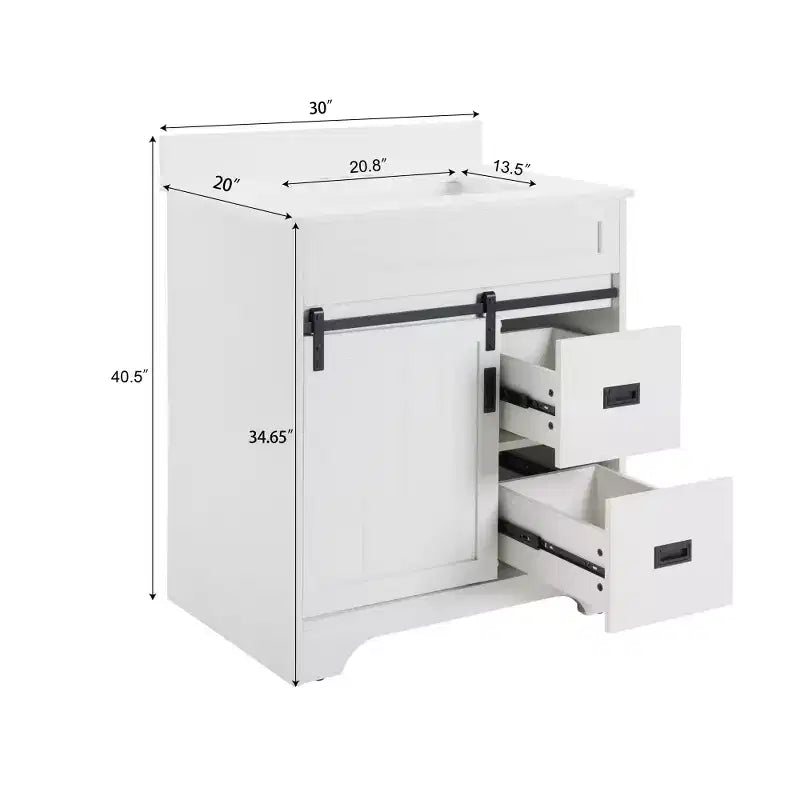 Bestier 30 White Farmhouse Bathroom Vanity with Sliding Barn Doors, 2 Drawers, Freestanding Vanity with Protective Backsplash