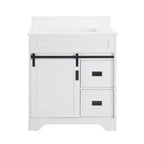 Meuble-lavabo de salle de bain Bestier 30 Blanc de style ferme avec portes coulissantes en forme de grange, 2 tiroirs, meuble-lavabo autoportant avec dosseret protecteur