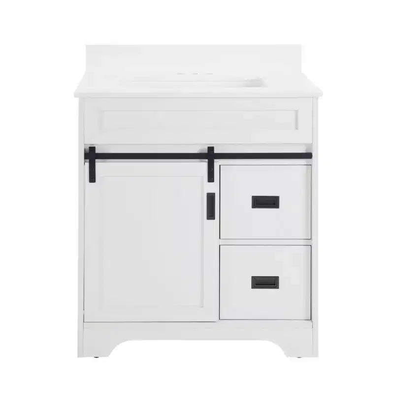 Meuble-lavabo de salle de bain Bestier 30 Blanc de style ferme avec portes coulissantes en forme de grange, 2 tiroirs, meuble-lavabo autoportant avec dosseret protecteur
