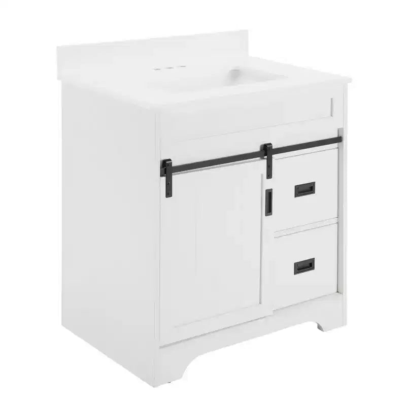 Meuble-lavabo de salle de bain Bestier 30 Blanc de style ferme avec portes coulissantes en forme de grange, 2 tiroirs, meuble-lavabo autoportant avec dosseret protecteur