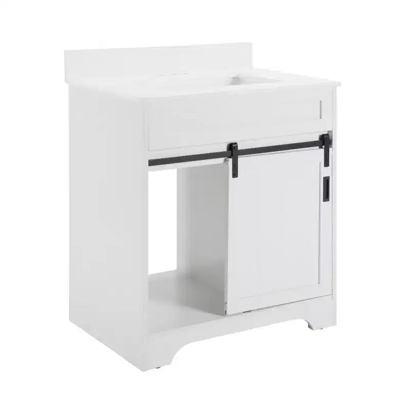 Meuble-lavabo de salle de bain Bestier 30 Blanc de style ferme avec portes coulissantes en forme de grange, 2 tiroirs, meuble-lavabo autoportant avec dosseret protecteur