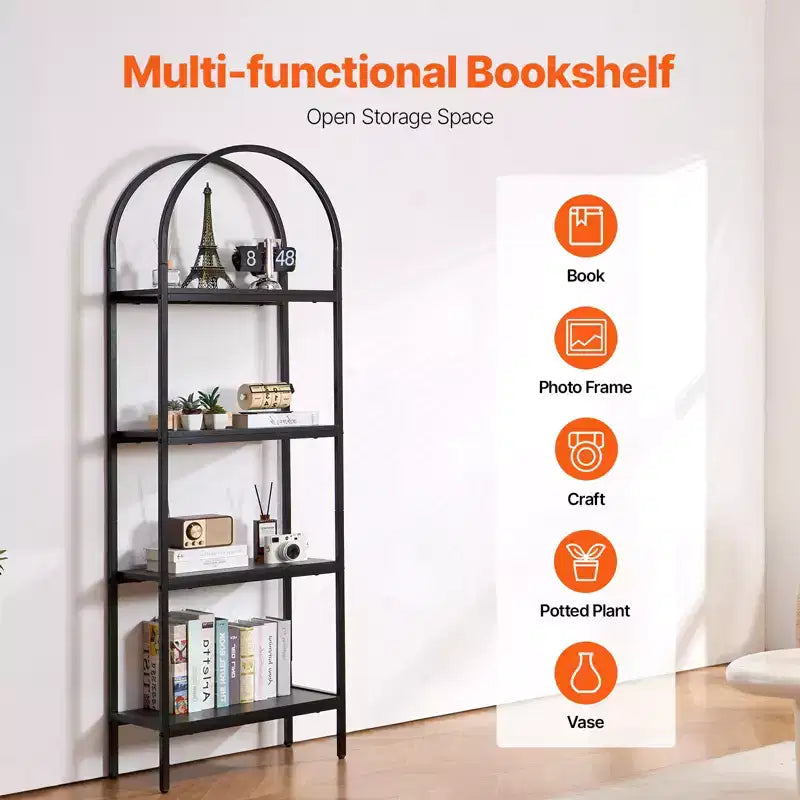 Étagère à livres en métal VEVOR, étagère à livres industrielle arquée à 4 niveaux, petite bibliothèque de rangement rustique vintage avec étagères ouvertes, étagères de présentation autoportantes
