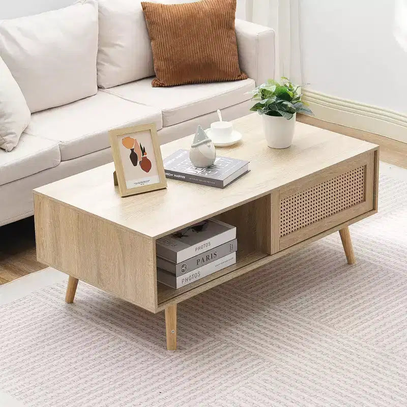 Table basse en rotin VEVOR, Table basse moderne du milieu du siècle, Table basse rectangulaire en bois, Table basse de 42 pouces de style bohème moderne à deux niveaux de rangement