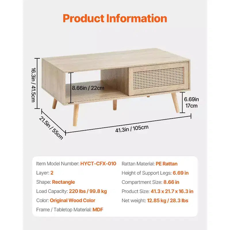 Table basse en rotin VEVOR, Table basse moderne du milieu du siècle, Table basse rectangulaire en bois, Table basse de 42 pouces de style bohème moderne à deux niveaux de rangement