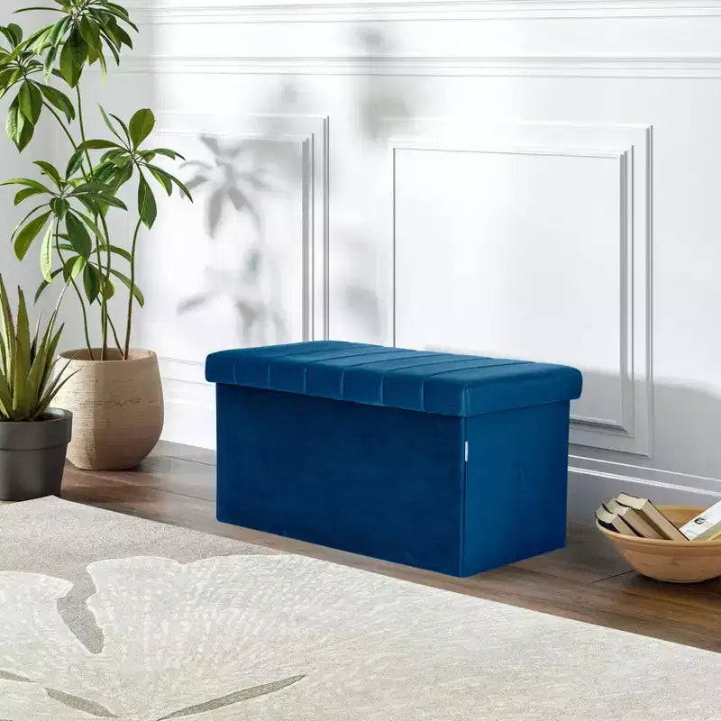 Ottoman de rangement d'appoint capitonné en velours bleu