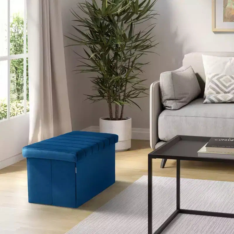 Ottoman de rangement d'appoint capitonné en velours bleu