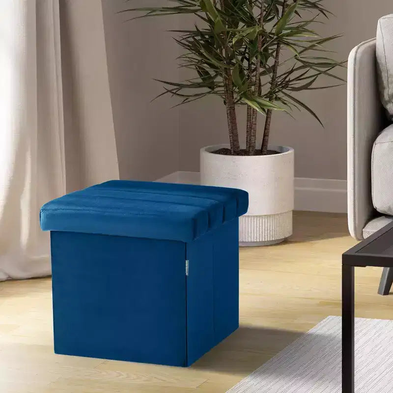 Ottoman de rangement d'appoint capitonné en velours bleu