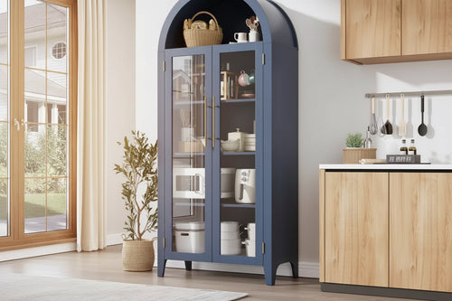 Arched Kitchen Pantry Cabinet - Farmhouse 5 Tier Display Shelf with Adjustable Shelf and 2 Large Glass Doors, Versatile Storage Cupboard