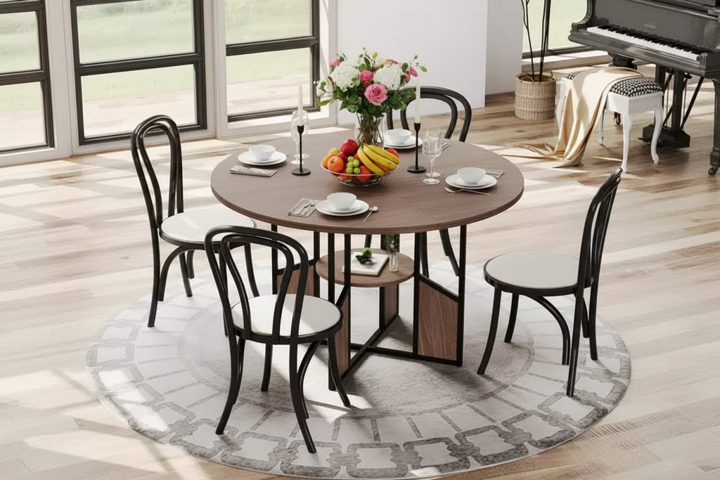 Table à manger ronde pour 4 à 6 personnes - Table de cuisine moderne de style ferme en bois avec étagère de rangement, plateau étanche, meubles de coin repas