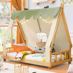 Lits superposés Okak Twin/Full en forme de maison avec tente et décor lumineux, cadre de lit plateforme pour enfants, adolescents, sans sommier.