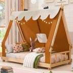 Lits superposés Okak Twin/Full en forme de maison avec tente et décor lumineux, cadre de lit plateforme pour enfants, adolescents, sans sommier.