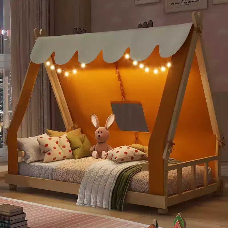 Lits superposés Okak Twin/Full en forme de maison avec tente et décor lumineux, cadre de lit plateforme pour enfants, adolescents, sans sommier.