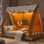 Lits superposés Okak Twin/Full en forme de maison avec tente et décor lumineux, cadre de lit plateforme pour enfants, adolescents, sans sommier.