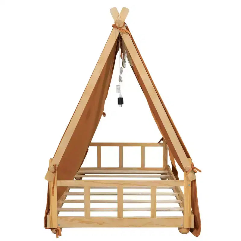 Lits superposés Okak Twin/Full en forme de maison avec tente et décor lumineux, cadre de lit plateforme pour enfants, adolescents, sans sommier.