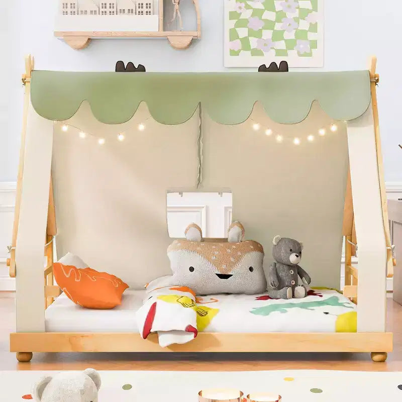 Lits superposés Okak Twin/Full en forme de maison avec tente et décor lumineux, cadre de lit plateforme pour enfants, adolescents, sans sommier.