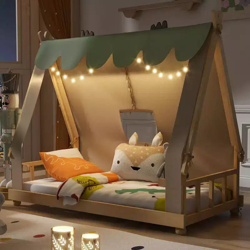 Lits superposés Okak Twin/Full en forme de maison avec tente et décor lumineux, cadre de lit plateforme pour enfants, adolescents, sans sommier.