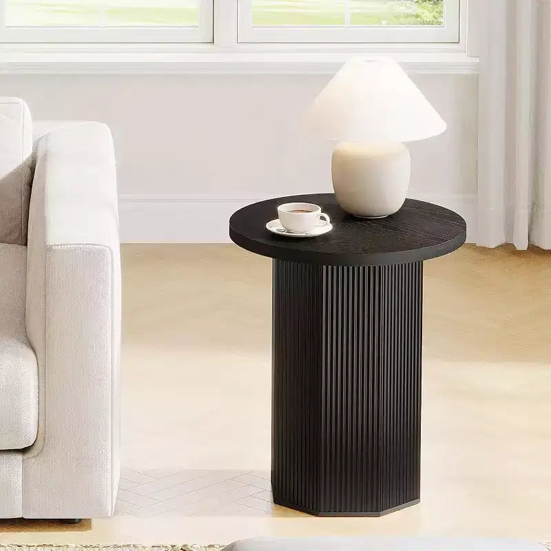 Table d'appoint ronde Lantine, Table d'appoint sur pied de style ferme, Table de chevet cannelée en bois, Support à boisson pour salon, chambre, noir