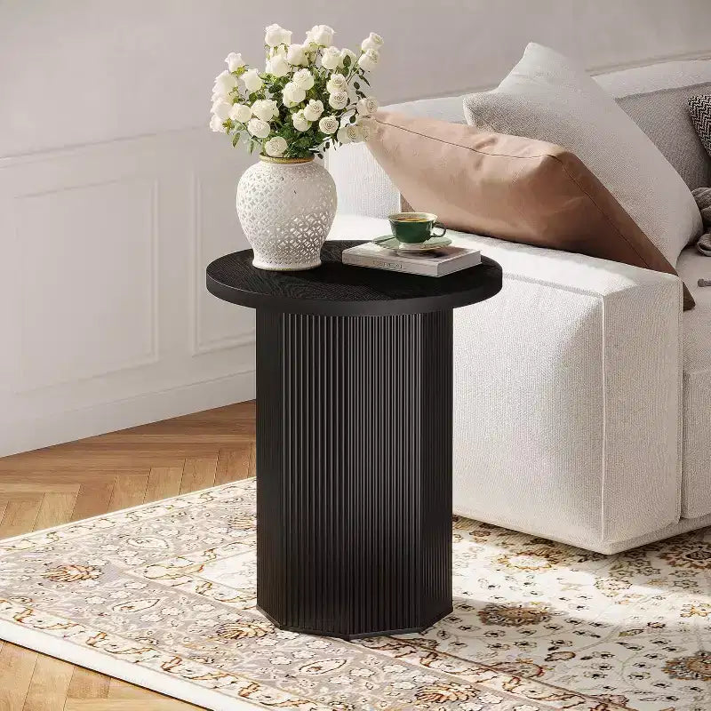 Table d'appoint ronde Lantine, Table d'appoint sur pied de style ferme, Table de chevet cannelée en bois, Support à boisson pour salon, chambre, noir