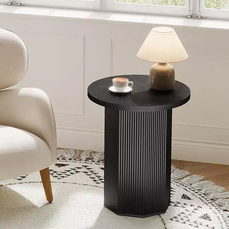 Table d'appoint ronde Lantine, Table d'appoint sur pied de style ferme, Table de chevet cannelée en bois, Support à boisson pour salon, chambre, noir