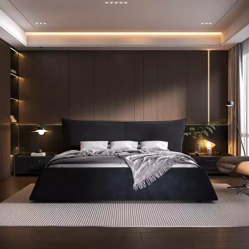 Lit plateforme capitonné Whisen King Size, cadre de lit en métal et bois massif avec tête de lit en velours de forme spéciale
