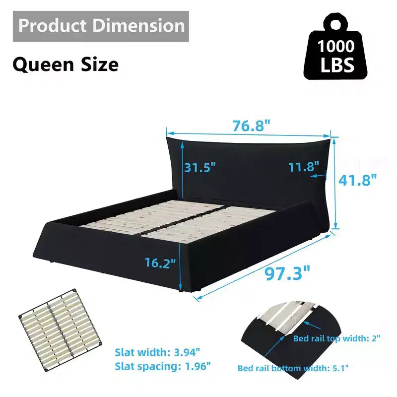 Lit plateforme capitonné Whisen King Size, cadre de lit en métal et bois massif avec tête de lit en velours de forme spéciale