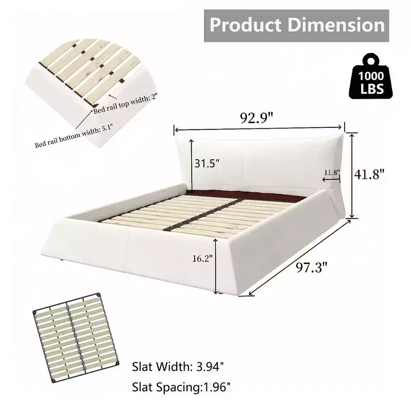 Lit plateforme capitonné Whisen King Size, cadre de lit en métal et bois massif avec tête de lit en velours de forme spéciale
