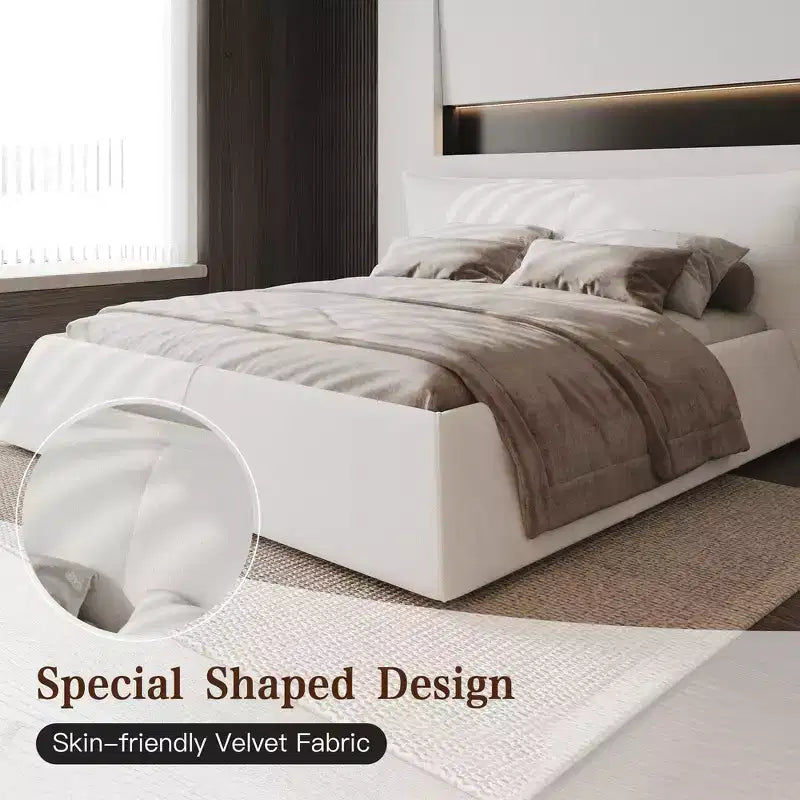 Lit plateforme capitonné Whisen King Size, cadre de lit en métal et bois massif avec tête de lit en velours de forme spéciale