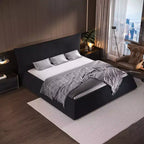 Lit plateforme capitonné Whisen King Size, cadre de lit en métal et bois massif avec tête de lit en velours de forme spéciale