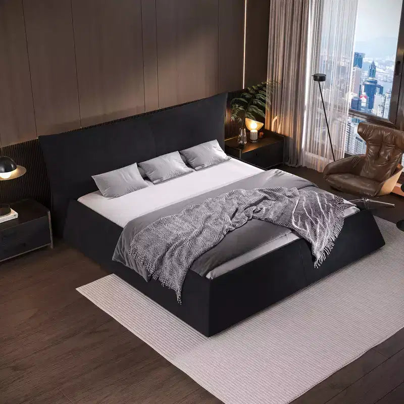 Lit plateforme capitonné Whisen King Size, cadre de lit en métal et bois massif avec tête de lit en velours de forme spéciale