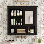 FAMYYT Armoire de toilette rectangulaire en MDF avec miroir, 32 po L x 28 po H, 5 étagères amovibles, charnières à fermeture douce