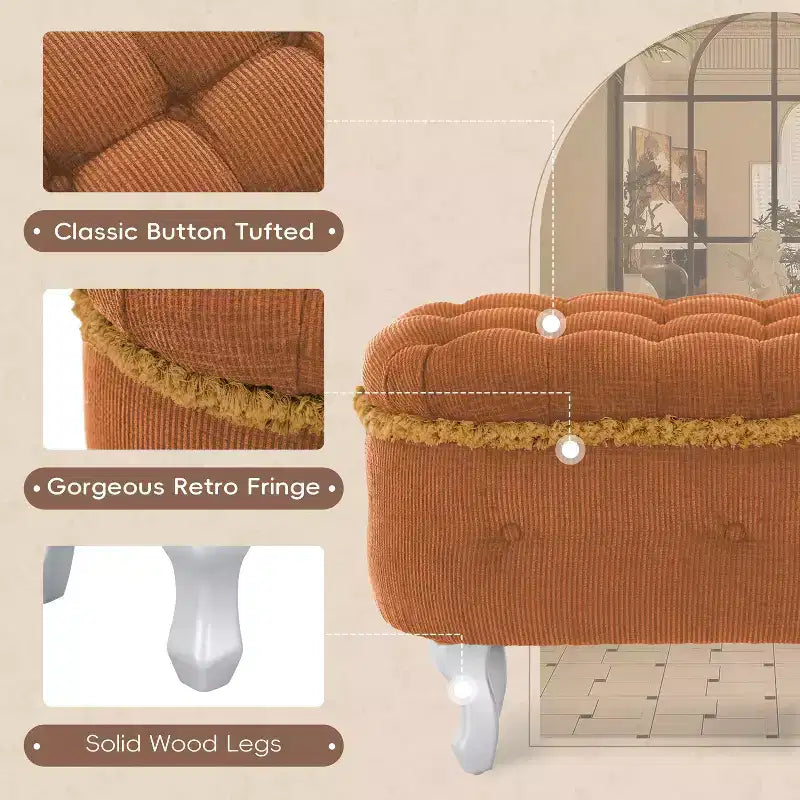 TUYOHW Banc de rangement rembourré 29,5", banc de pied de lit en tissu touffeté avec boutons et franges, couvercle relevable, banc de bout de lit pour chambre à coucher, salon